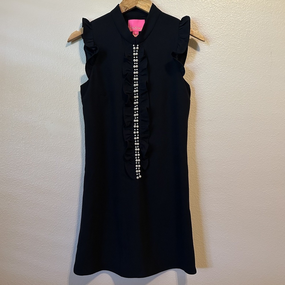 Lilly Pulitzer Black Pearl Ruffle Sleeveless Shift Dress Womens 2 Classic Chic